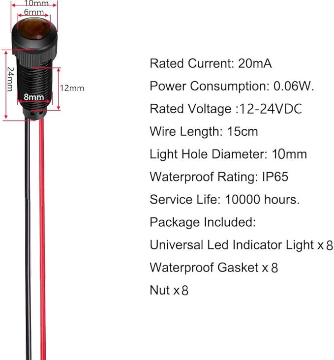 8pcs Red LED Indicator Pilot Light AC/DC 12-24V Mounting Hole Size 8mm(Flame Retardant Plastic Shell)