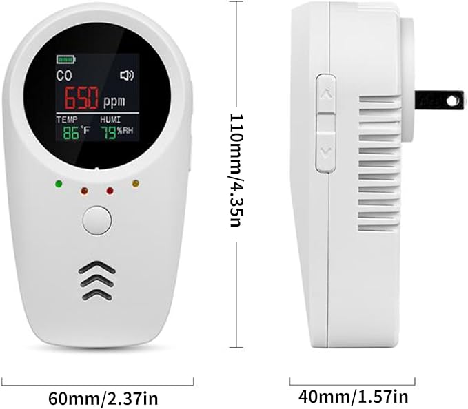 5-in-1 Plug-in & Battery Backup Carbon Monoxide Detectors,Portable Travel Carbon Monoxide Detector, Natural Gas Leak Detector with Temp. Humid. for Home, RV, Camping (Shipping Without Batteries)