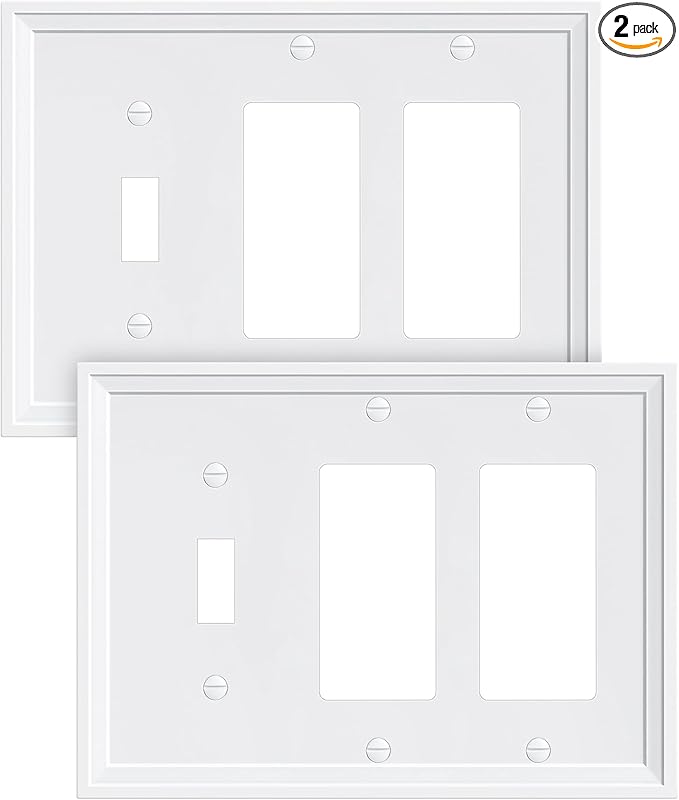 2-Pack Combo Toggle/Double Decorator Light Switch Cover Plate, Pure White Modern Decorative Electrical Outlet Covers, Bamboo Fiber Wall Switch Plates and Outlet Covers