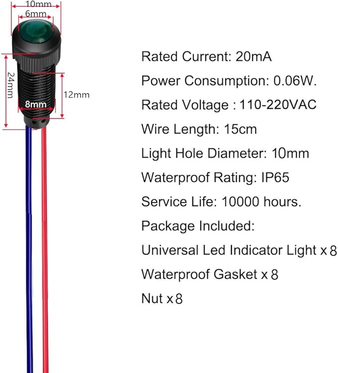8pcs Green LED Indicator Pilot Light 110VAC Mounting Hole Size 8mm(Flame Retardant Plastic Shell)
