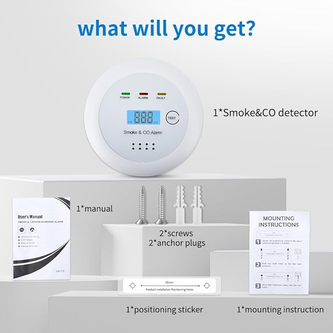 2 in1 Smoke Detector Carbon Monoxide Detector Combo,with LCD Digital Display and Sound Warning Test Button,Battery Powered,Easy Installation, for Home, Bedroom, Kitchen (1PACK)