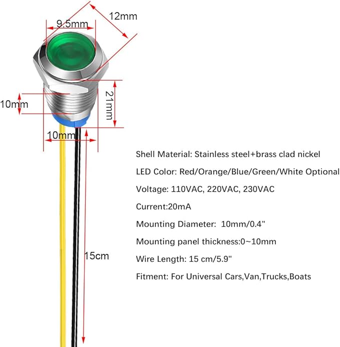 5pcs 10mm LED Metal Indicator Light 110V-220V AC Waterproof Signal Lamp (Green)