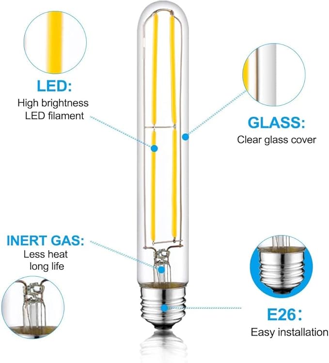 7.3 Inch E26 Led Bulb 6W Dimmable, 2700k Soft White Edison Bulbs 800LM, Equal 80 Watt Tubular T10 T9 Long Clear Glass Light Bulb for Rustic Pendant Pipe Wall Sconces Chandeliers - 4Pack