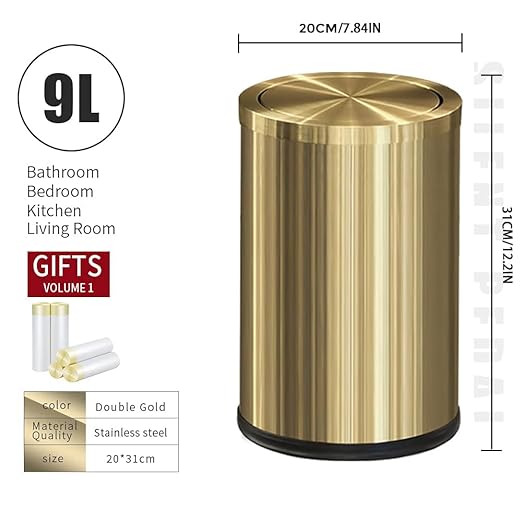 Small Trash Can with Flipping Lid,Gold Bathroom Garbage can with lid,2.4gallon,Brass Trash can for Bathroom,Laundry,Hotel,Office, Laundry Room ,Metallic Gold (Single)