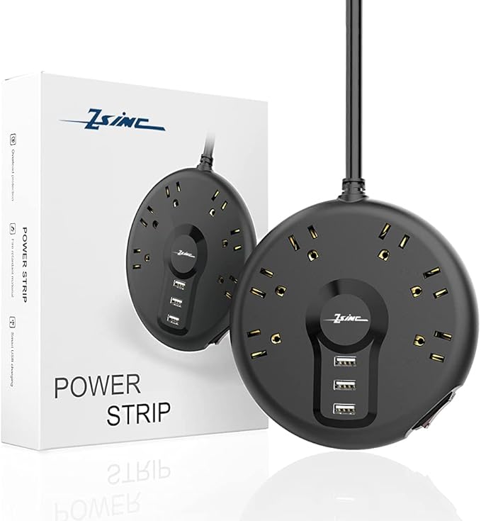 Power Strip, 6 Outlets and 3 USB Ports 6.5FT Long Extension Cord, Circle Socket Overload Surge Protector, 100% Copper Core, Flat Plug Charging Station Compact for Office, Home, Travel (Black)