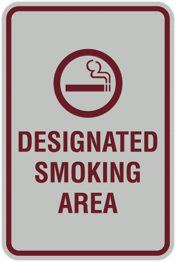 Signs ByLITA Portrait Round Designated Smoking Area Sign with Adhesive Tape, Mounts On Any Surface, Weather Resistant, Indoor/Outdoor Use (Light Grey/Burgundy) - Medium
