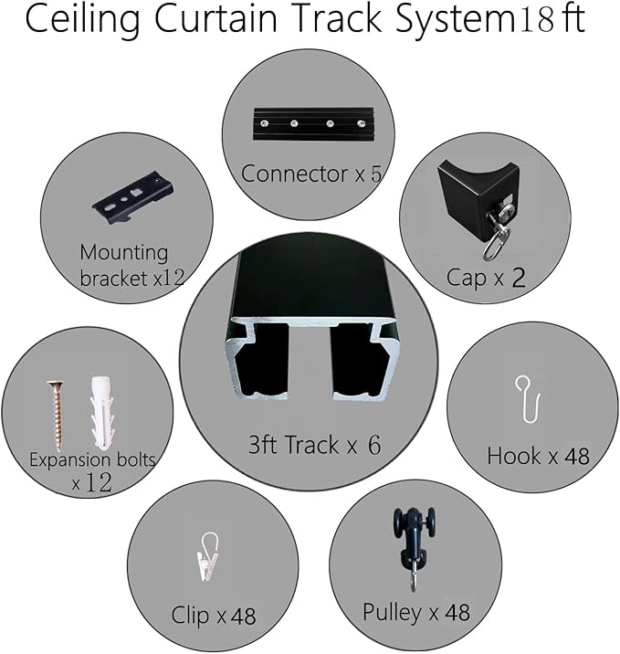 Ceiling Mount Curtains Track Room Divider Privacy Partition Separator Curtain Tracks Rods Heavy Duty RV Shower Outdoor Rail Clip Hook Set, Black 3-18ft