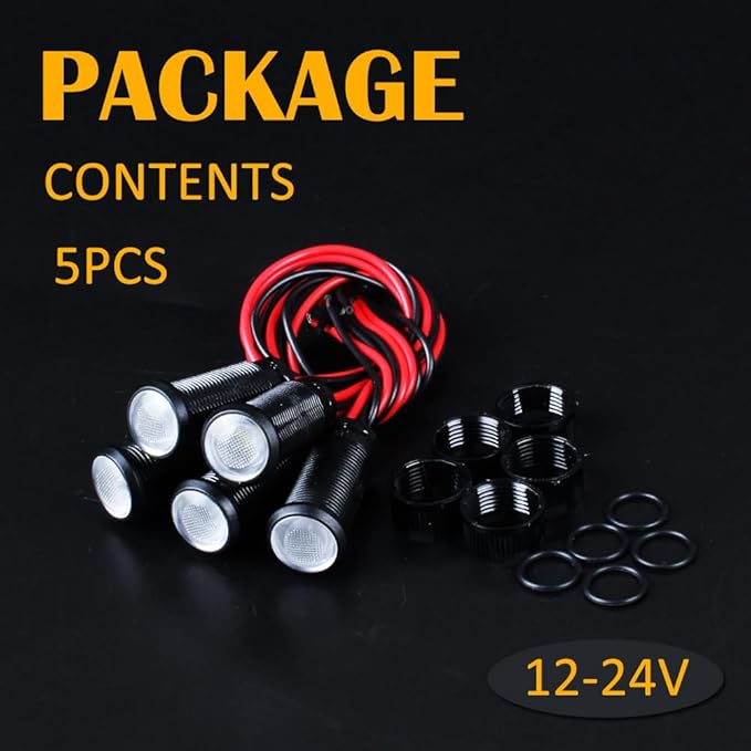 5pcs 10mm LED Indicator Light Plastic Black Signal Dot Lamp 12V-24V 2/5" Mounting Hole Size with 15cm/5.9in. Wire (White LED)