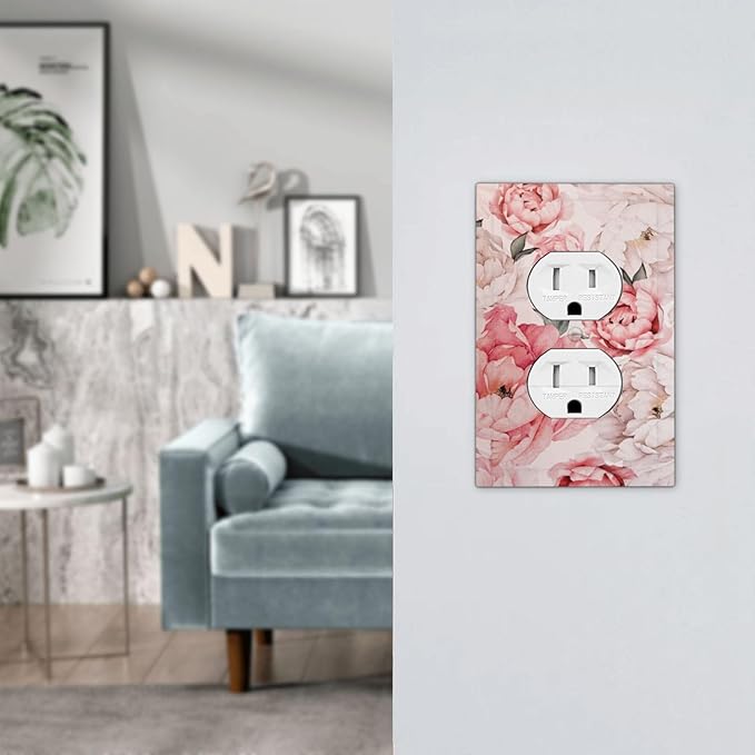 Decorative Outlet Covers Ink Pink Peony Flower Rustic Floral 1 Gang Duplex Light Switch Cover Plate Unique Wall Plate Electrical Switch Plate Covers for Home Bedroom Decor(2 Pack)