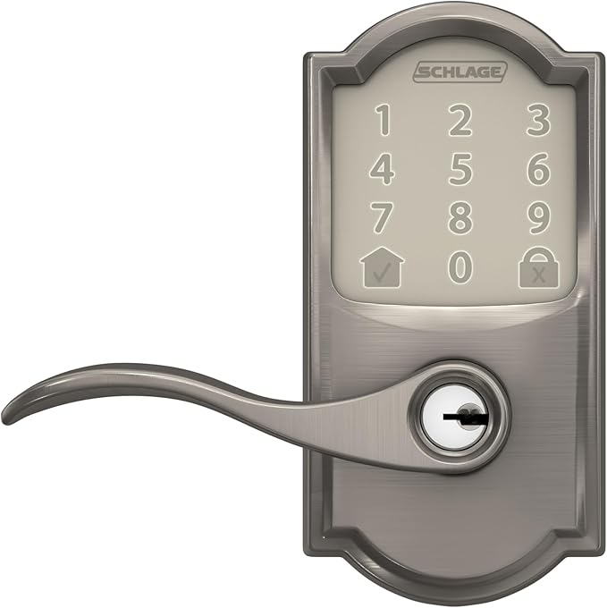 Schlage FE789WB CAM 619 Acc Encode WiFi Accent Lever Smart Lock, Keyless Entry Touchscreen Door Lock with Camelot Trim, Satin Nickel