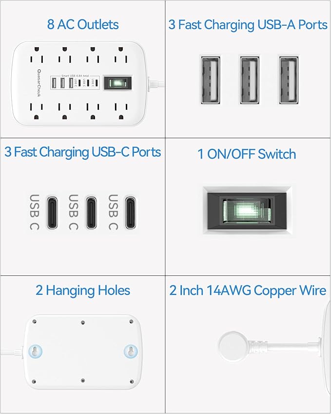 Short Extension Cord 2 inch - Small Power Strip Flat Outlet Extender Surge Protector with 8 AC Outlets 6 USB (5V/4.8A 24W), Mini Extension Cord Flat Wall Plug for Home Office Dorm Kitchen Bathroom