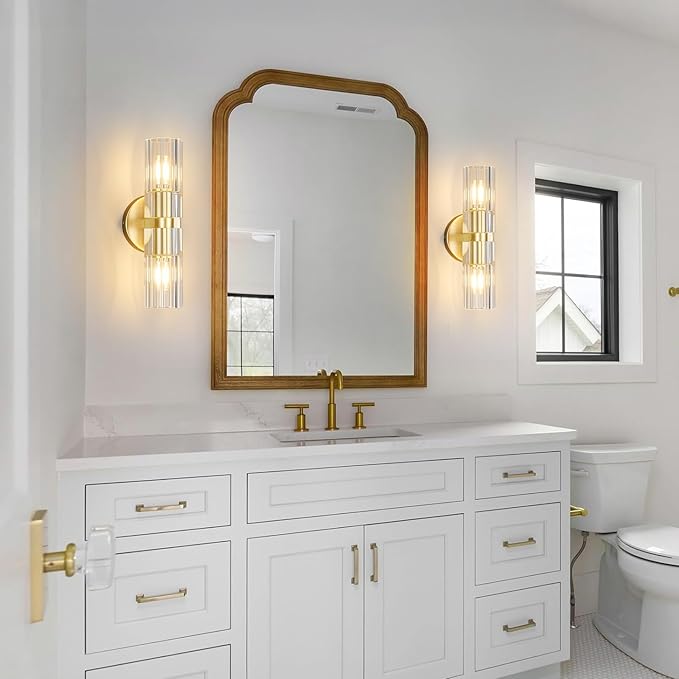 Modern Gold Wall Sconces Set of Two Bedroom Crystal Wall Sconces Indoor Sconces Wall Lighting Living Room Sconces with K9 Crystal Lampshade for Bathroom Hallway Entryway Stairway