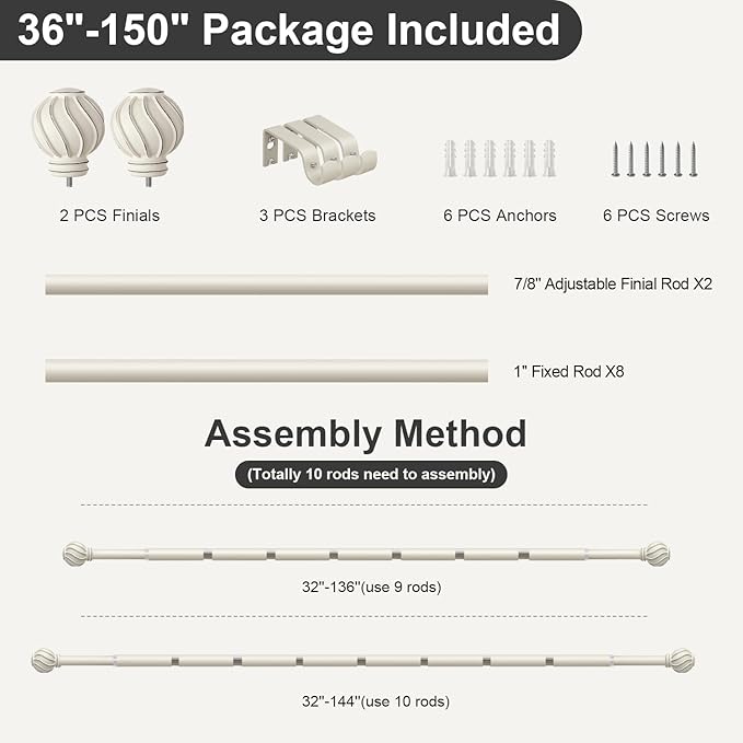 White Long Curtain Rods for Windows 72 to 144 Inch 7/8" Diamete Heavy Duty Adjustable Window Curtain Rod with Decorative Finials for Farmhouse Bedroom Living Room Kitchen Outdoor