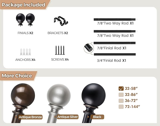 KAMANINA Curtain Rods for Windows 28 to 48 Inches, Black Curtain Rod 32 to 58 inch (2.6-4.8ft), 7/8 Inch Decorative Drapery Rod with Round Finials
