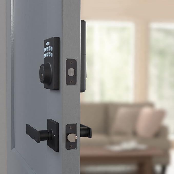 Amazon Basics Contemporary Electronic Keypad, Keyless Entry Door Lock Deadbolt with Handle Set, Key Pad Front Door with Knob, Contemporary Door Locks for Front Door, Door Handle, Matte Black, 1-Pack