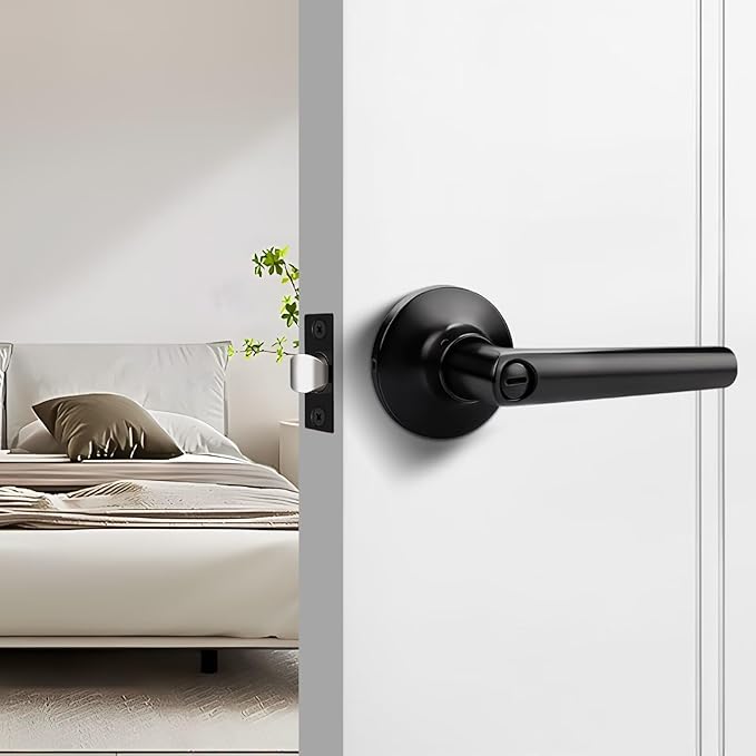 GOBEKOR 5 Pack Matte Black Door Handles Privacy Door Levers with Lock,Heavy Duty Interior Door Handles for Bedroom and Bathroom,Sleek Round Door Lever with No Key