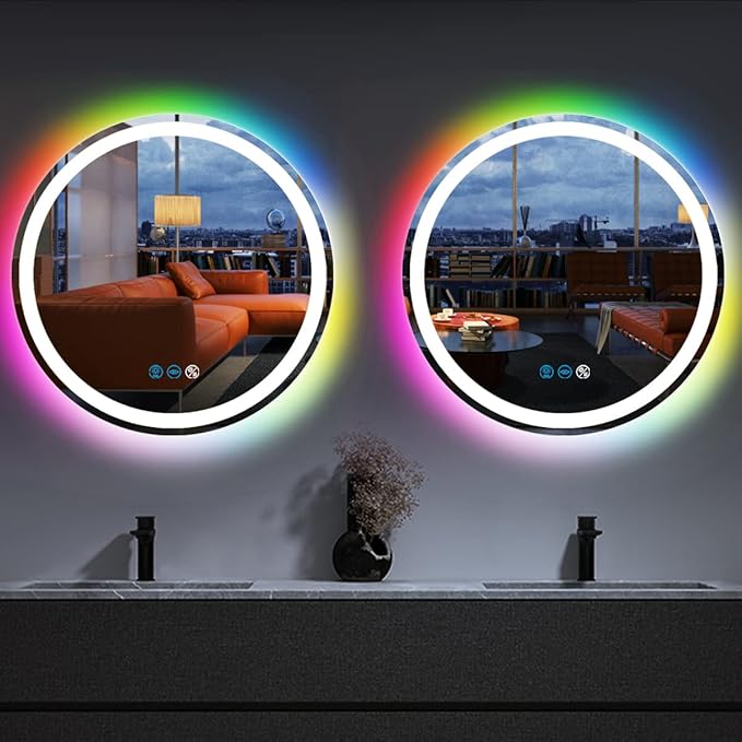 24 Inch Round LED Bathroom Mirror with Lights 3 Color+ Rainbow RGB 7 Color Changing Backlit Round Lighted Mirror for Bathroom Wall AntiFog 24 Mood Change Light RGB Smart Circle Round LED Mirror