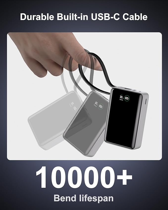Portable Charger 20000mAh,30W PD3.0 and QC4.0 Fast Charging Type C Power Bank,Built in Cable Phone Battery Pack Compatible with iPhone 17 16 15 Samsung Google iPad Laptop etc