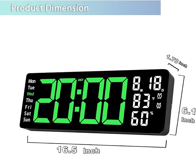 17.5 Inch Green LED Digital Wall Clock with 8 Ambient Light Colors|Displays Time,Date,Day,Temperature&Humidity,Dual Alarms,Countdown&Stopwatch,DST,10-Level Auto/Manual Brightness|Modern Silent Clock