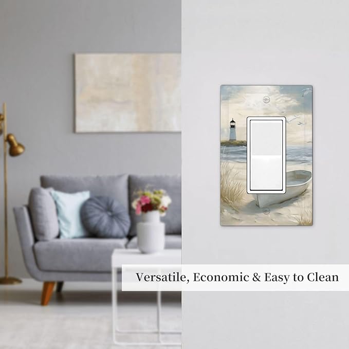 Decorative Outlet Covers Seascape Painting with Lighthouse Boats 1 Gang Rocker Light Switch Covers Single Decora GFCI Device Wall Plate for Bedroom Home Decor (2 Pack)