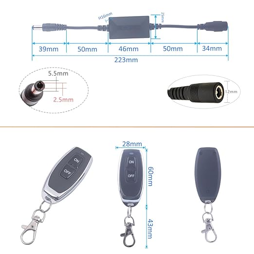 DC 3.6V-24V 5V Wireless Remote Control Switch 5.5mm x 2.5mm Plug Male Female 2 Transmitter 1 Receiver 12V Remote Switch for LED Light, Strip Fan Camera (DC 5.5*2.1mm 3.6V-24V/ 2* Controller)