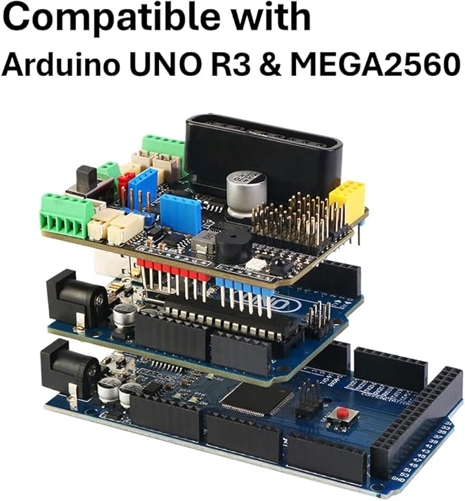 Motor Driver Board for Arduino, 4 DC/Encoder Motors, 2 Stepper Motors, 8 Servo Motors, PCA9685 Expansion Shield with PS2 Interface, Compatbile with UNO R3, Mega2560