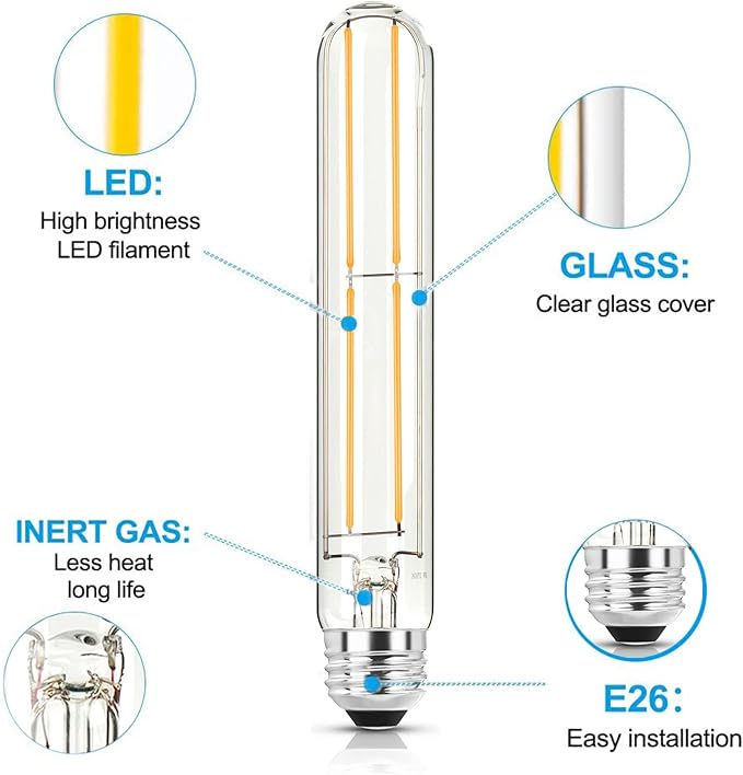 7.3 Inch E26 Led Bulb 6W Dimmable, 2700k Soft White Edison Bulbs 800LM, Equal 80 Watt Tubular T10 T9 Long Clear Glass Light Bulb for Rustic Pendant Pipe Wall Sconces Chandeliers - 6Pack