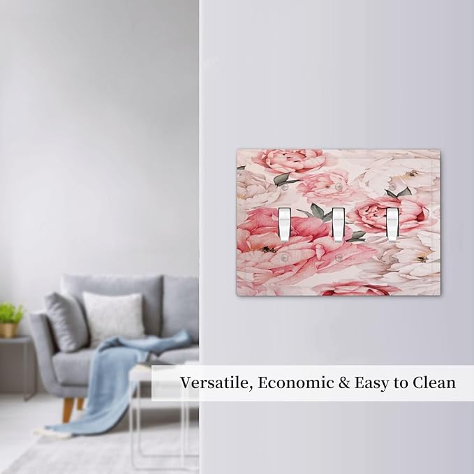 Decorative Light Switch Plate Covers Ink Pink Peony Flower Rustic Floral 3 Gang Light Switch Cover Triple Toggle Wall Plate Outlet Covers for Home Bedroom Decor