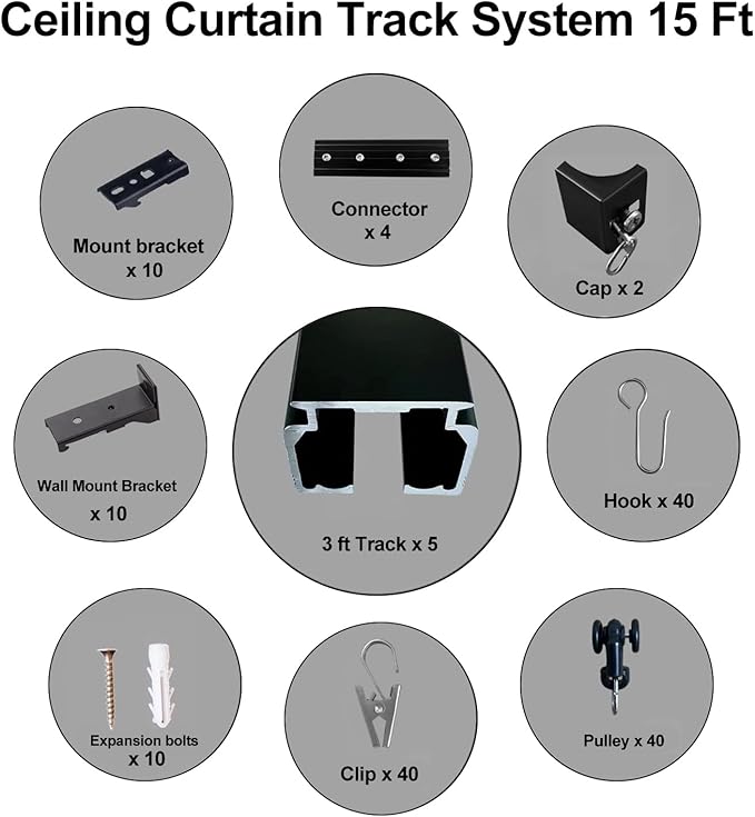 Ceiling Mount Curtains Track Room Divider Privacy Partition Separator Curtain Tracks Rods Heavy Duty RV Shower Outdoor Rail Clip Hook Set, Black 3-15ft