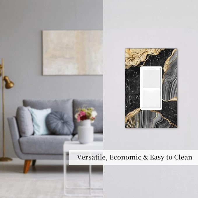 Decorative Outlet Covers Modern Abstract Black Gold Marble 1 Gang Rocker Light Switch Cover Plate Single Decora Light Switch Covers Wall Plate Faceplate for Kitchen Decor (2 Pack)
