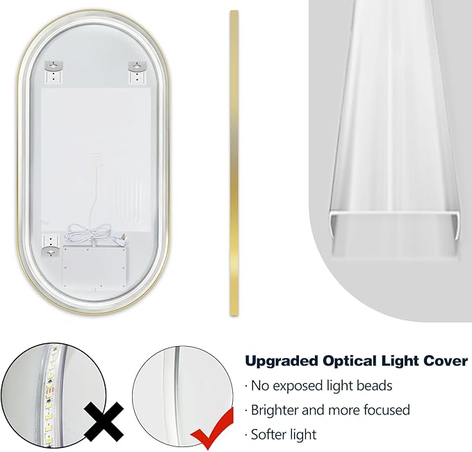 Niccy Oval LED Mirror for Bathroom, 40x24 Front Lit + Backlit Vanity Mirrors with Light Anti-Fog, Shatter-Proof, 3 Colors, Makeup Mirror with Old Gold Frame (Horizontal/Vertical)
