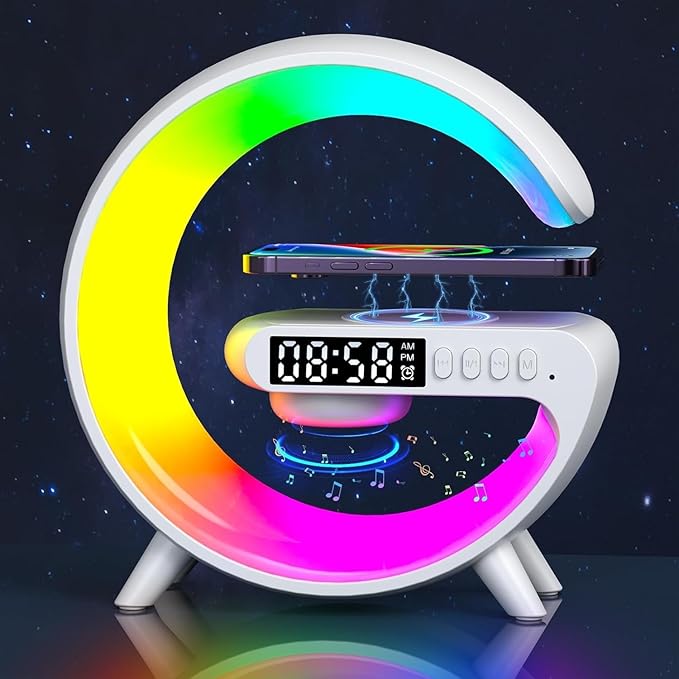 2026 New Smart Mini Table Lamp with Wireless Charger, Bluetooth Speaker Alarm Clock, Night Light for Bedroom Office Desk, Gifts for Kids Teens Chirstmas(Black)