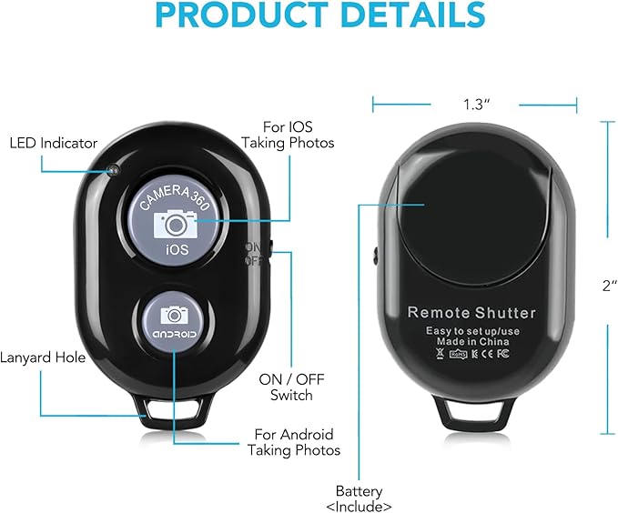 2 Pack Wireless Camera Remote Control - Wireless Remote for iPhone & Android Phones iPad iPod Tablet, Clicker for Photos & Videos, Wrist Strap Included