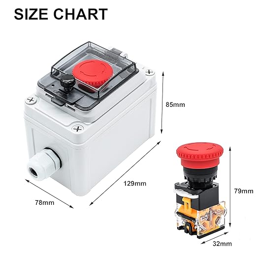 IP67 Button Switch Outdoor Waterproof Box Red Button Emergency Stop with Protective Cover Anti-misoperation Switch(AC/DC 6A-110V/3A-240V/2.5A-380V)