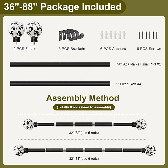 Ceramic Black Curtain Rods for Windows 48 to 84 Inches Adjustable Length Heavy Duty 1" Diameter Window Curtain Rod with Modern Leaf Pattern Decorative Finials for Bedroom Kitchen Living Room