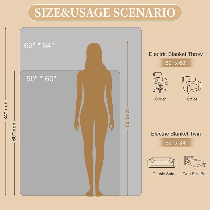 Electric Heated Blanket Twin 62" x 84", Soft Plush Flannel & Sherpa Electric Blanket with 8 Heat Settings, 1-12H Auto-Off, Fast & Even Heating, Machine Washable, Ideal for Home & Office, Beige