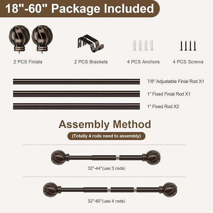 Brown Curtain Rods for Windows 28 to 48 Inch 7/8" Diamete Heavy Duty Adjustable Window Curtain Rod with Decorative Finials for Farmhouse Bedroom Living Room Kitchen Outdoor