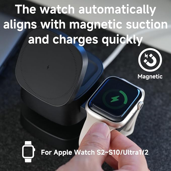 4 in 1 Magnetic Wireless Charging Station,15W Fast Charging with Adjustable Night Light,3 in 1 Wireless Charging Station for iPhone 17/16/15/14/13 Pro Max & Apple Watch,AirPods (Starlight Gray)