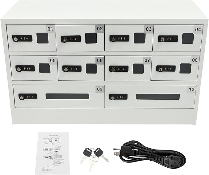 Cellphone Charging Station with Combination Lock, 10 Slots Cellphone Locker Mobile Device Phones Storage Pocket with 3-in-1 Charging Ports for Office Classroom Hotel (10 Slots)