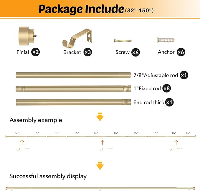 GEEBOBO 2 Pack Gold Curtain Rods for Windows 72 to 144 Inch, 1 Inch Adjustable Heavy Duty Decorative Curtain Rods, W1 (Gold, 32"-150",2 Pack)