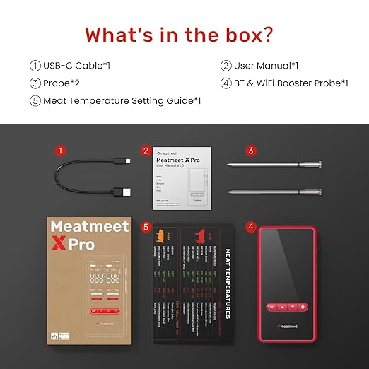 X Pro Wireless Meat Thermometer with Dual Wi-Fi & Bluetooth, Digital Meat Thermometer with 2 Probes & LED Display Base, 6 Built-in Sensors, IP69 Waterproof, for Grills, Ovens, Smokers & BBQs