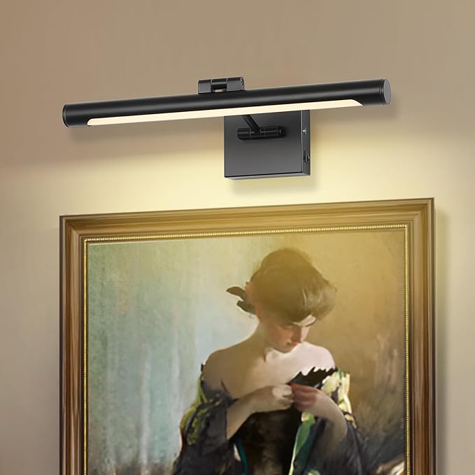 Joosenhouse Battery Operated Picture Light Rechargeable Art Light Wireless Gallery Light with Remote Control and Timed Dimmable with Single Swing Arm 16.54 Inch Warm White Black