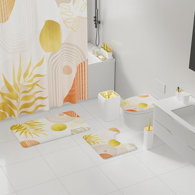 Bathroom Set - Bathroom Sets with Shower Curtain and Rugs, Bathroom Accessory Set, White Bathroom Accessories Set with Trash Can, Toilet Brush and Soap Dispensers