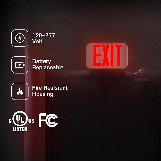 FREELICHT Red LED Exit Sign with Battery Backup,Exit Sign for Business,Easy to Install,UL Certified,AC 120/277V,Pack of 4