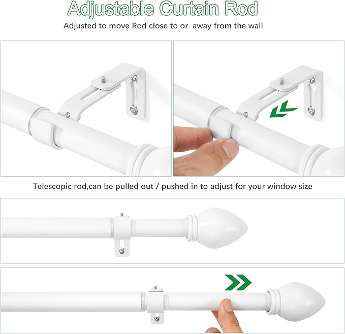 Curtain Rods for Windows 16 to 120 inches, Curtain Rod Max Adjustable Length to 132 in, Drapery Rod 1 inch Diameter with Modern Knobs Finials (White, 16" to 120" - Set of 2)