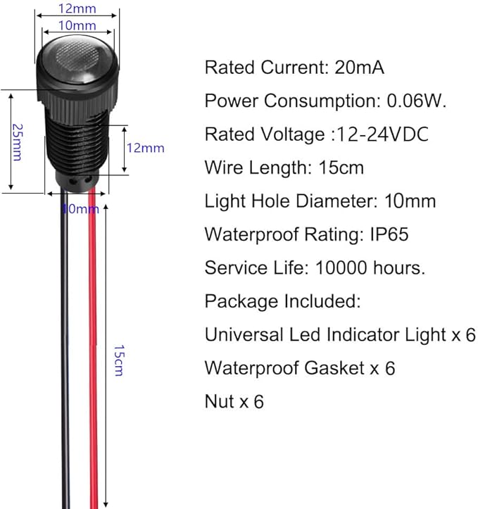 6pcs White LED Indicator Pilot Light AC/DC 12-24V Mounting Hole Size 10mm(Flame Retardant Plastic Shell)