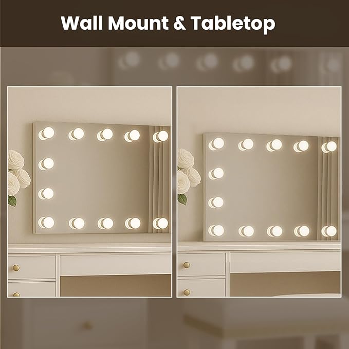 WTTY LED Bathroom Mirror with Lights 55"x36" Hollywood Wall-Mounted Mirror with 3 Color Temperatures, Stepless Dimmable Bulbs, Anti-Fog & Shatter-Proof