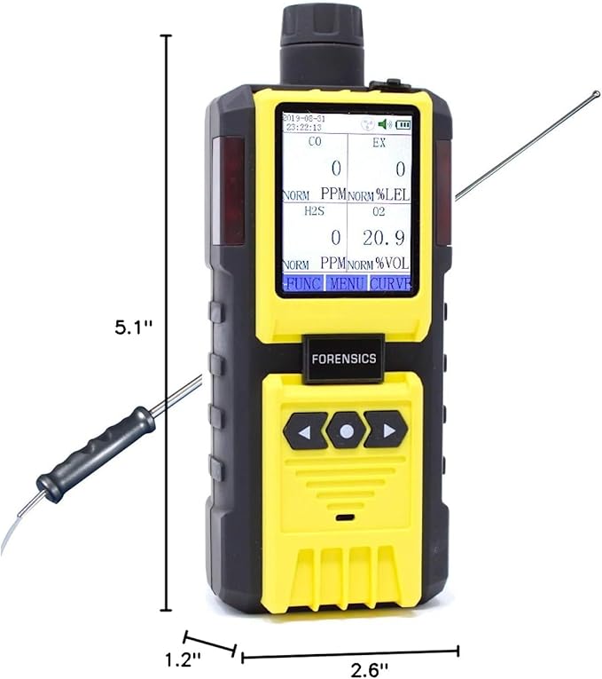 4 Gas Monitor by Forensics | Built-in Pump Multi Gas Meter | O2, CO, H2S, LEL | Color Display & Graphing | USA NIST Calibration | Computer Data Logging |