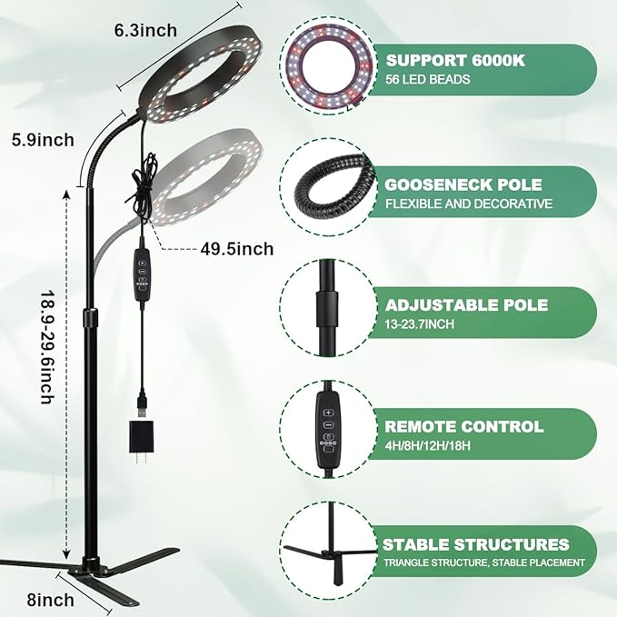 YEOLEH Plant Light for Indoor Growing Plants 6000K Full Spectrum LED Grow Lamp with Dimmable & Auto Timer