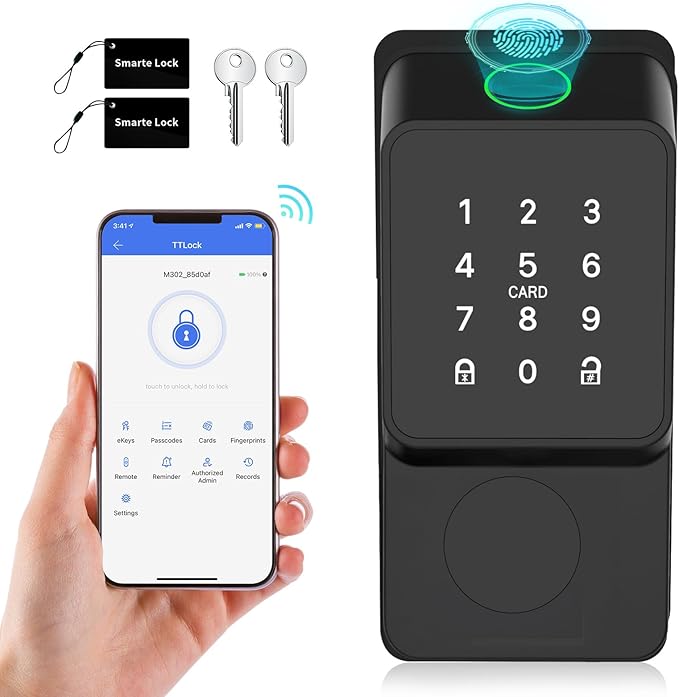 Smart Door Lock Keyless Entry with TTLock APP Fingerprint Touchscreen Keypad IC Card Key Type-C Charging Unlocking 6 in 1 Electric Biometric Digital Deadbolt for Front Doors Home Apartment